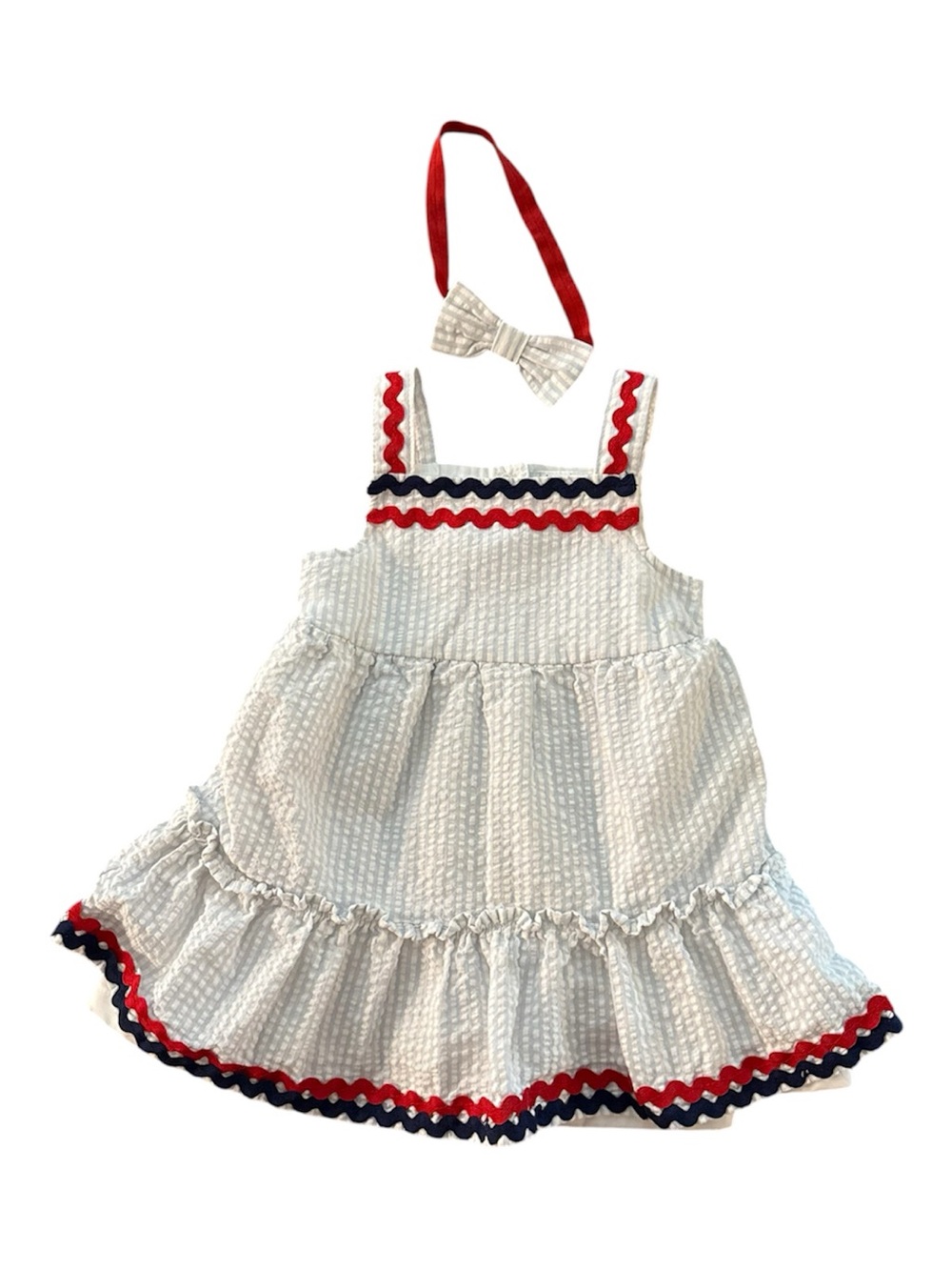 Nicole Miller Baby Girl White and Blue Seersucker Dress w/ Bow Headband 18 mo